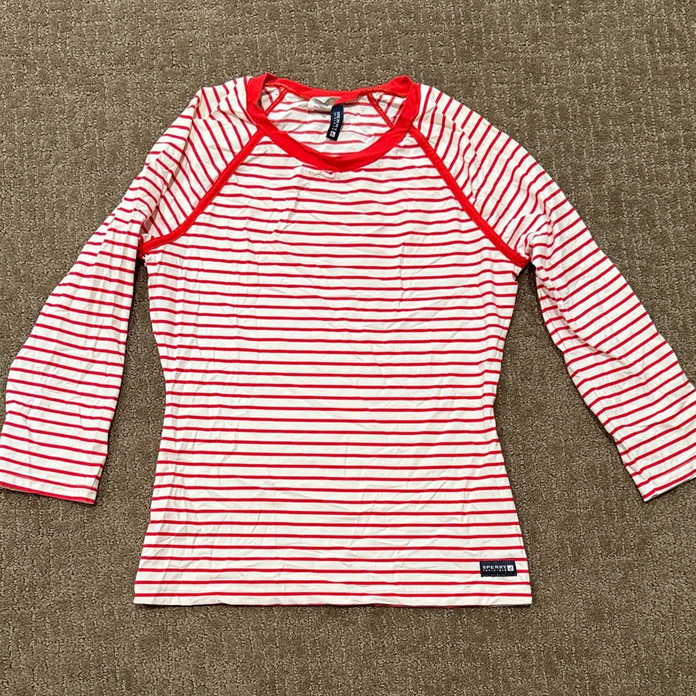 Sperry Red and White Striped Swim Rash Guard Top